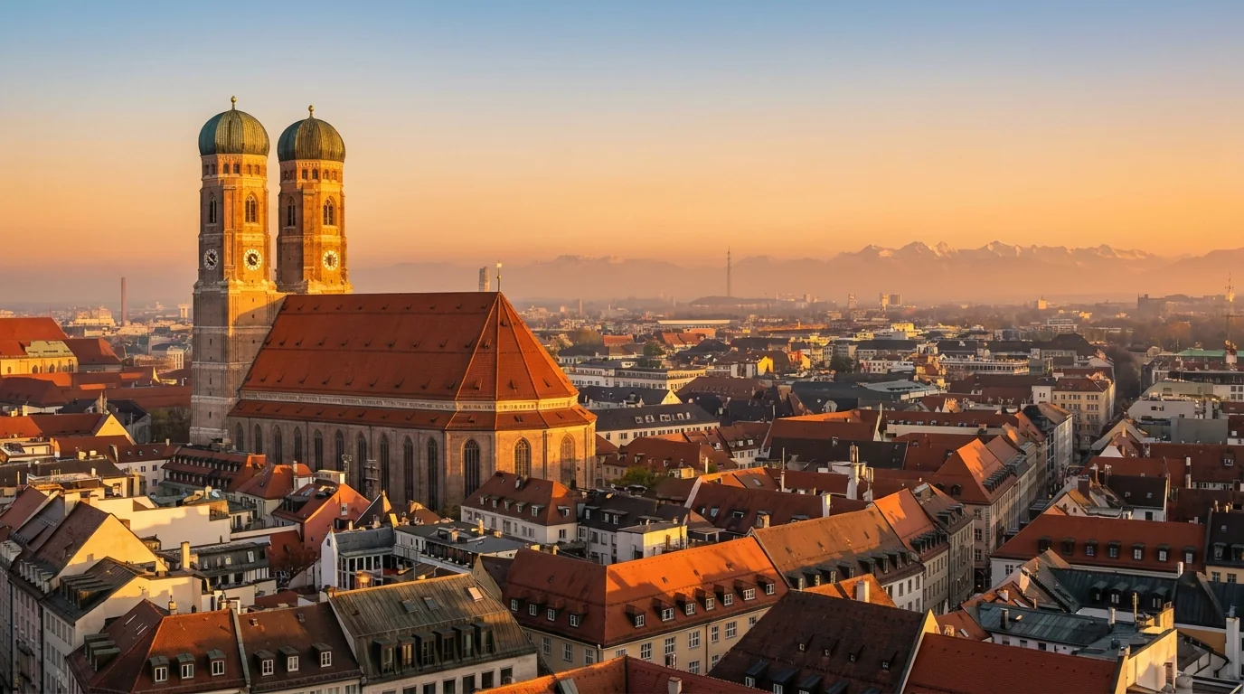 Münchner Altstadt im Abendlicht mit den Türmen der Frauenkirche, dahinter die Alpen