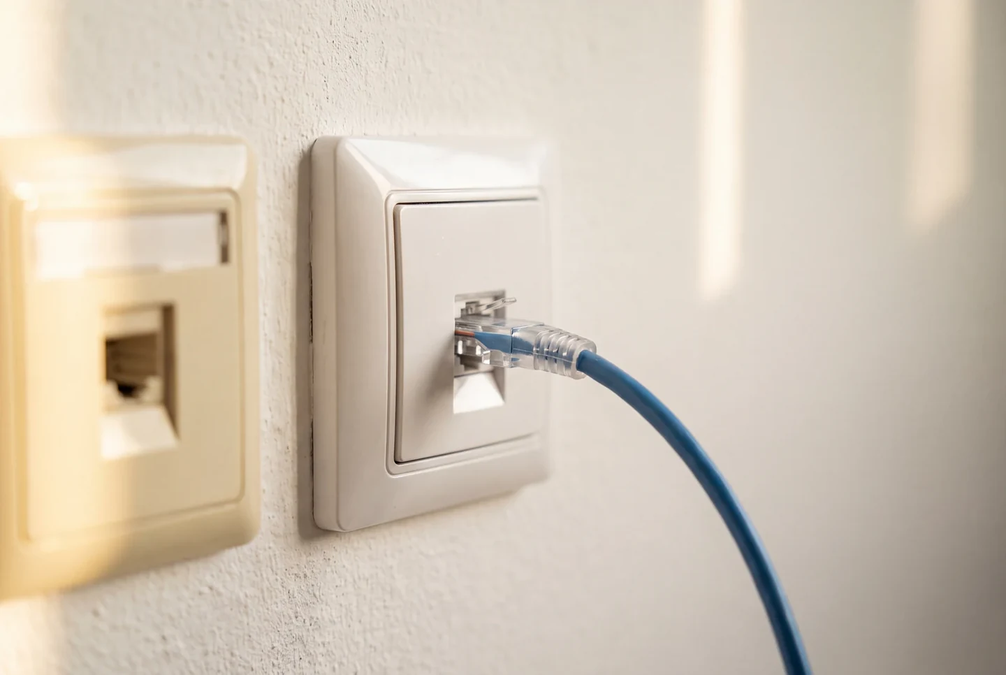 Alte, leere Telefondose neben einer neuen Netzwerkdose, in der ein blaues Netzwerkkabel steckt